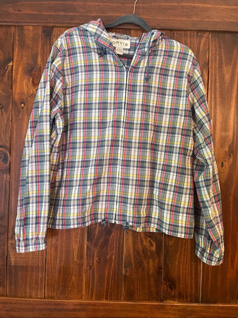 Orvis Multicolor Plaid Lightweight Zip Hooded Jacket SzL
